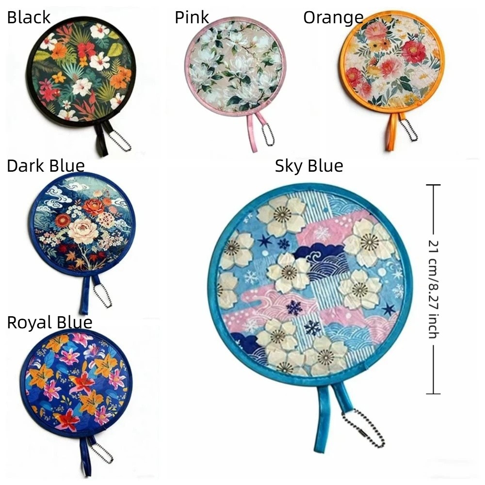 Decorative Japanese Style Folding Fan Round Flower Pattern Handheld Fan With Pocket Portable Fan Photography Prop