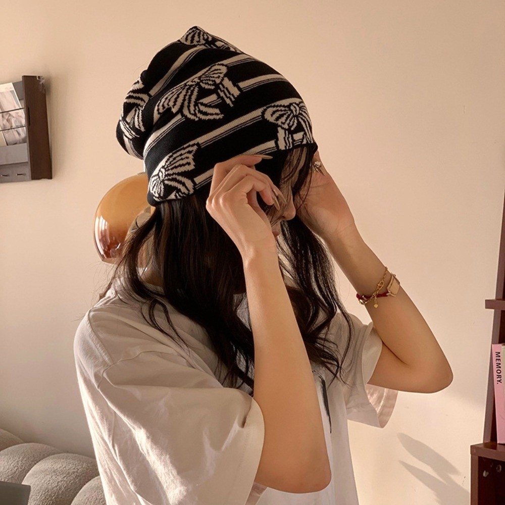 Casual Leopard Print Winter Cycling Thermal Flower Bow Earhook Neck Warmer Knitted Stripes Pullover Cap Outdoor