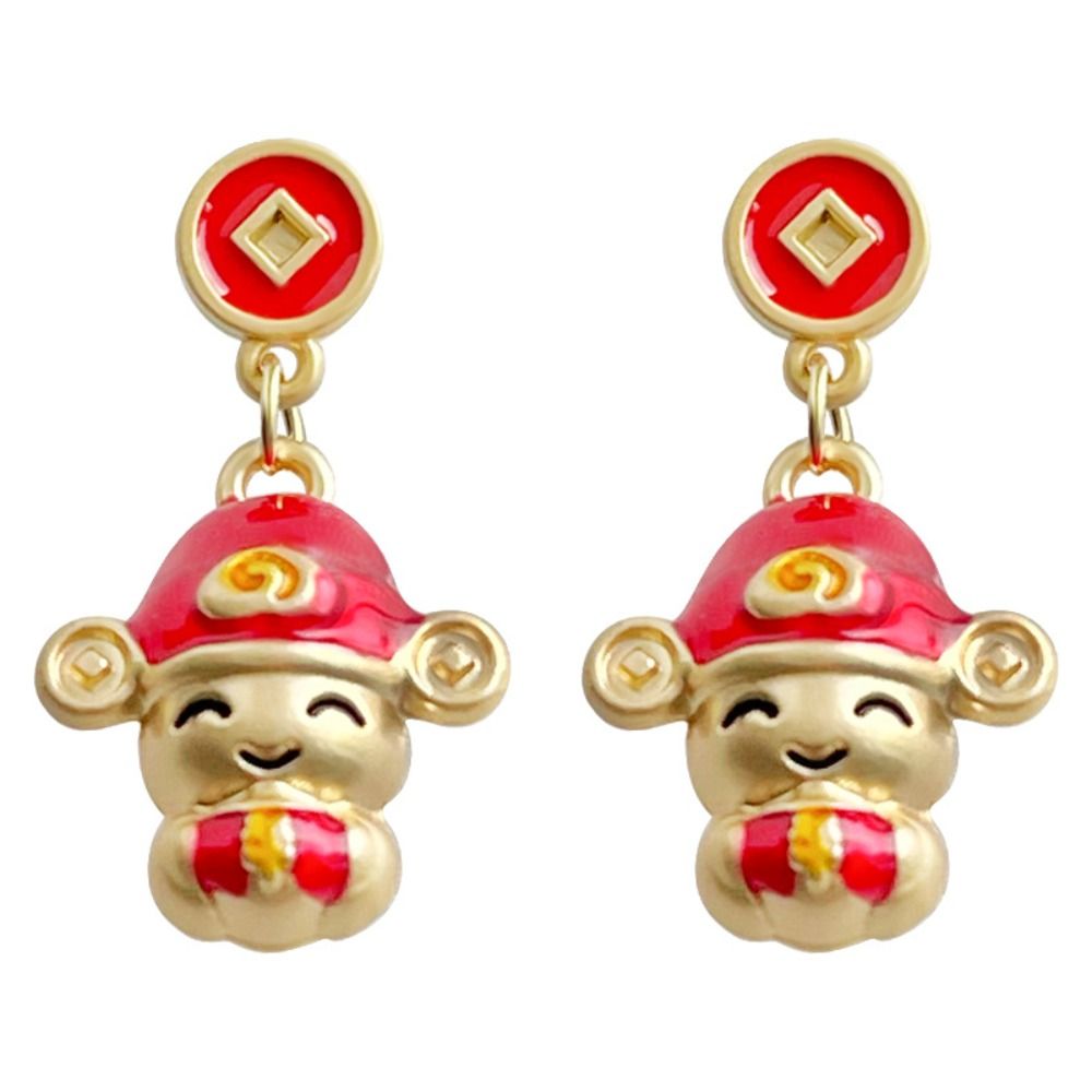 Aesthetic Chinese Style New Year Earrings Red Heart 2025 Women Earrings God of Wealth Snake Year Drop Earring Party