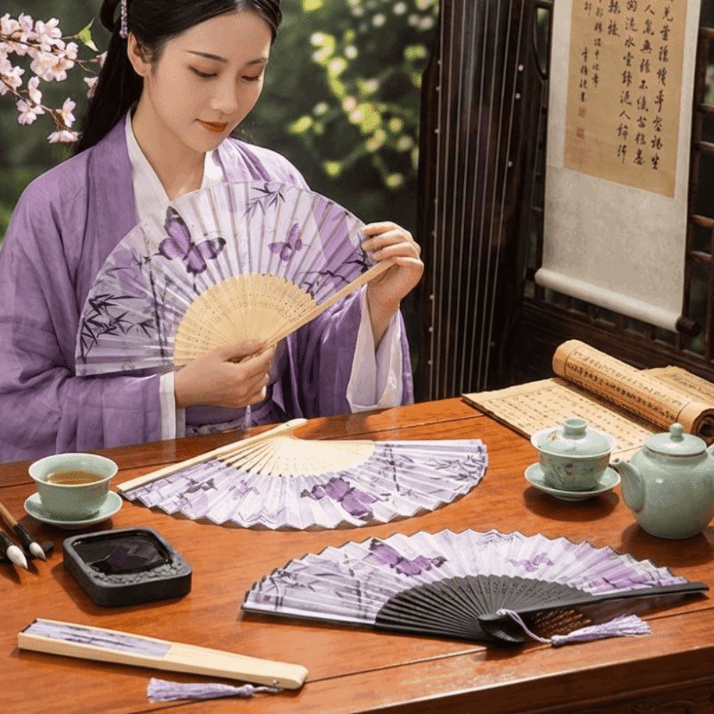 Portable Chinese Style Silk Folding Fan Butterfly Pattern Handmade Handheld Fan with Tassel Cooling Dance Fan Party Props