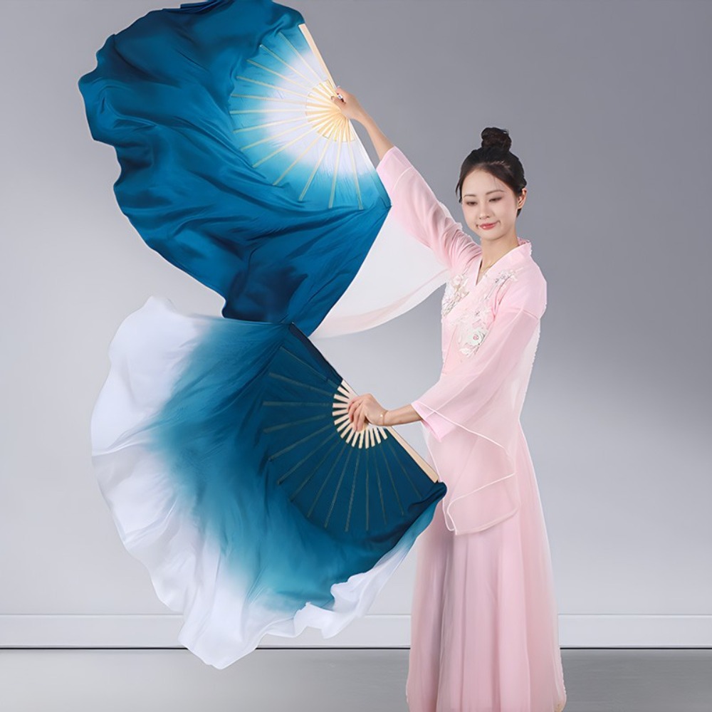 Durable Chinese Classical Dance Fan Traditional Gradient Ink Blue Hand Fan Hand Dye Extended Veil Folding Fan Adults