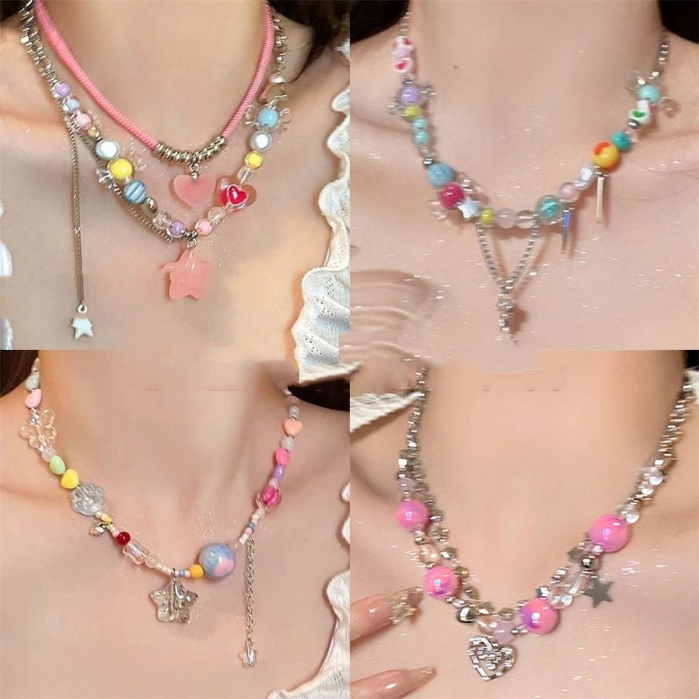 Cartoon Jewelry Beads Pendant Necklace Aesthetic Candy Collar Bone Chain Colourful Butterfly Clavicle Chain Girls