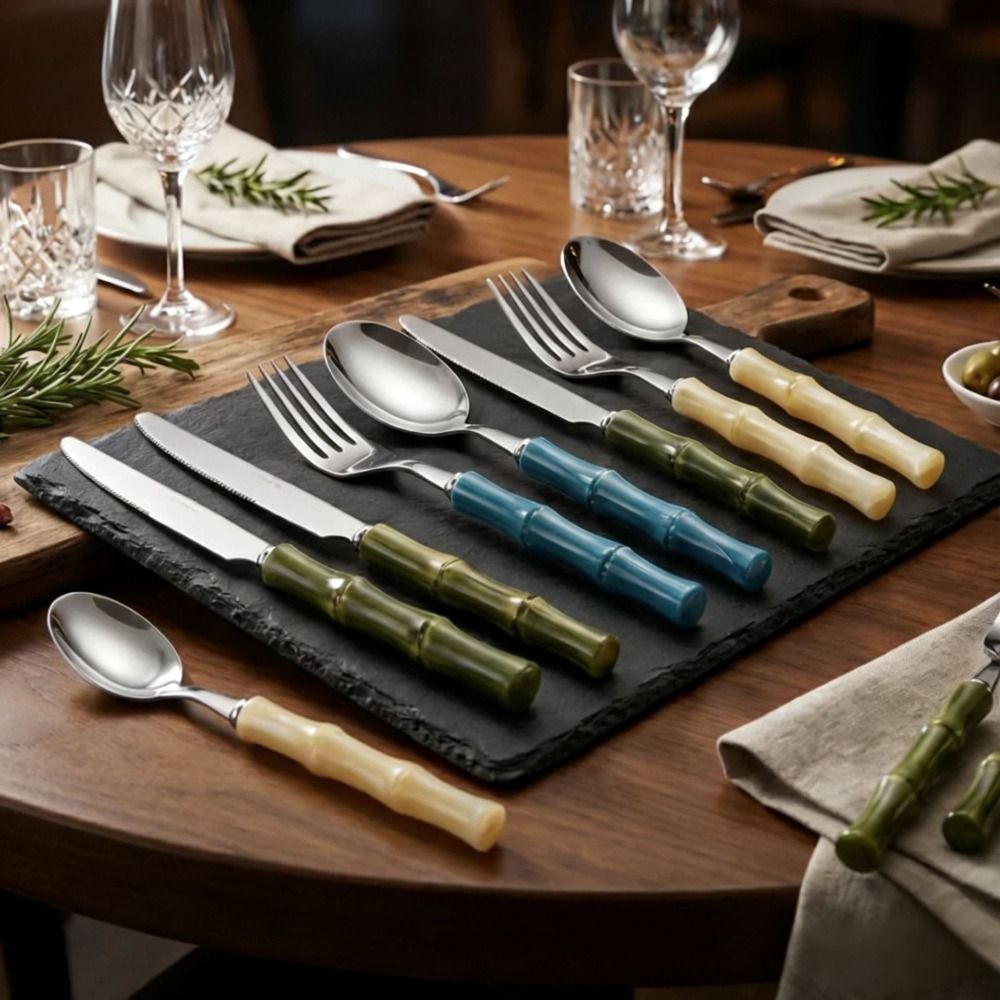 Creative Bamboo Shape Handle Fork and Spoon 304 Stainless Steel Light Design Western Dinnerware Flatware Elegance Classical Dinnerware Fork Spoon Household Goods