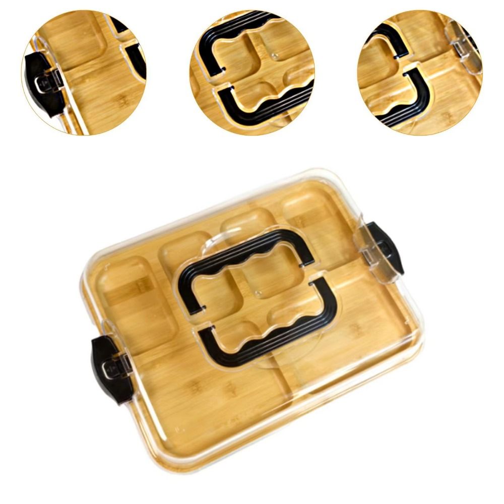 Durable Transparent Bamboo Cheese Board Snap-On Lid Divided Grid Bamboo Cheese Tray Stylish with Lid Serving Platter Parties