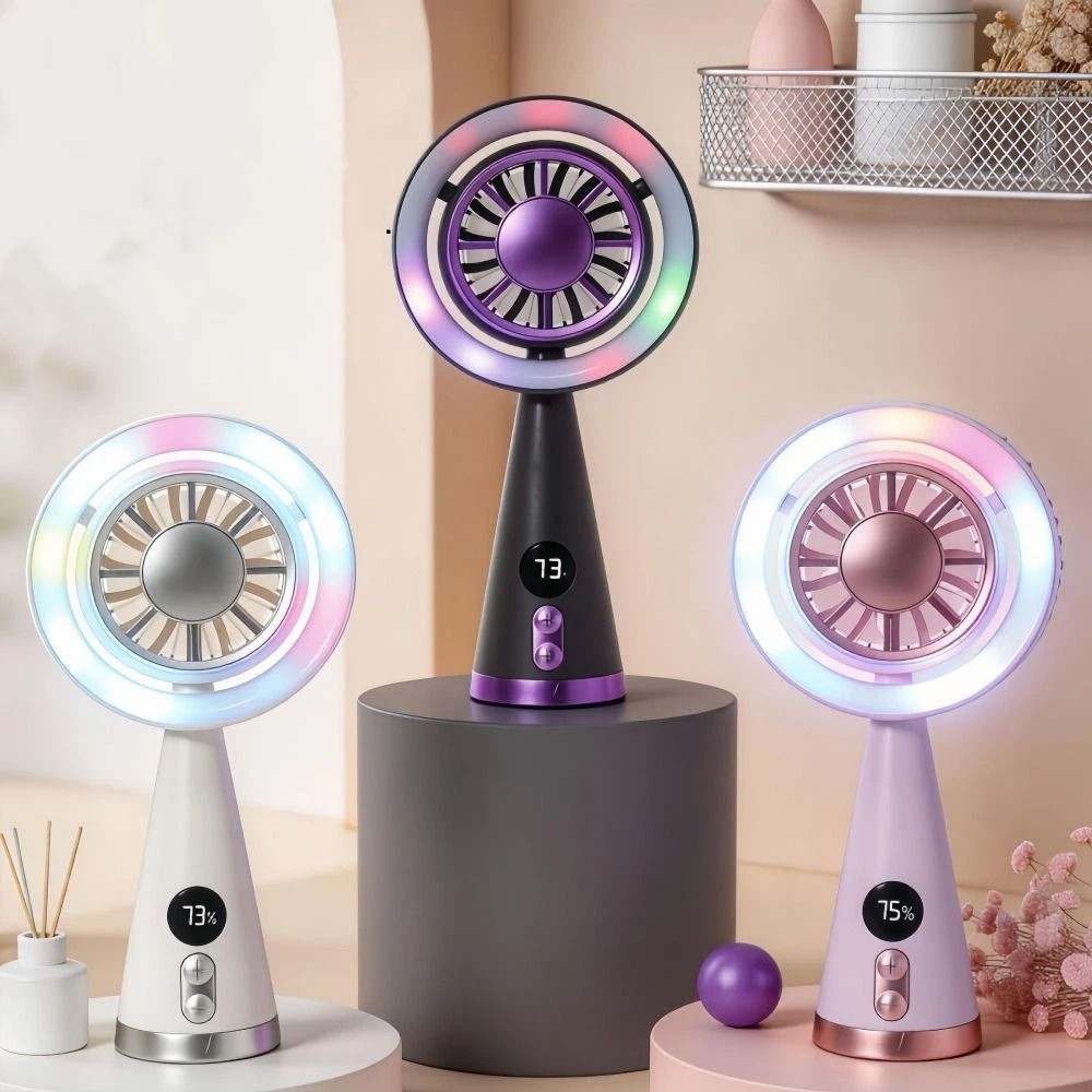 Portable Cooling Handheld Fan Compact Soft Lighting Digital Display Fan Lightweight Clear Power Display Rechargeable Fan Camping
