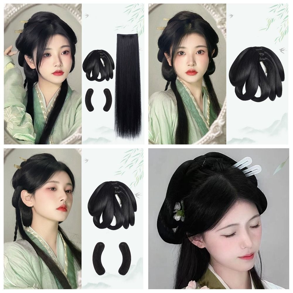 /3/4pcs Cute Heat Resistant Fiber Hanfu Cosplay Wig Ancient Chinese Style Traditional Hanfu Wig Fluffy Synthetic Retro Hair Chignon Photography Props