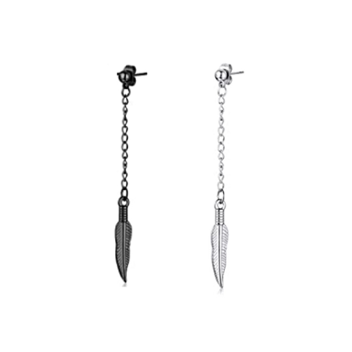 【Top Picks】New Korean Style Simple Feather Chain Tassel Titanium Steel Women's Earrings Ear Ring Men's Punk Asymmetric Earrings