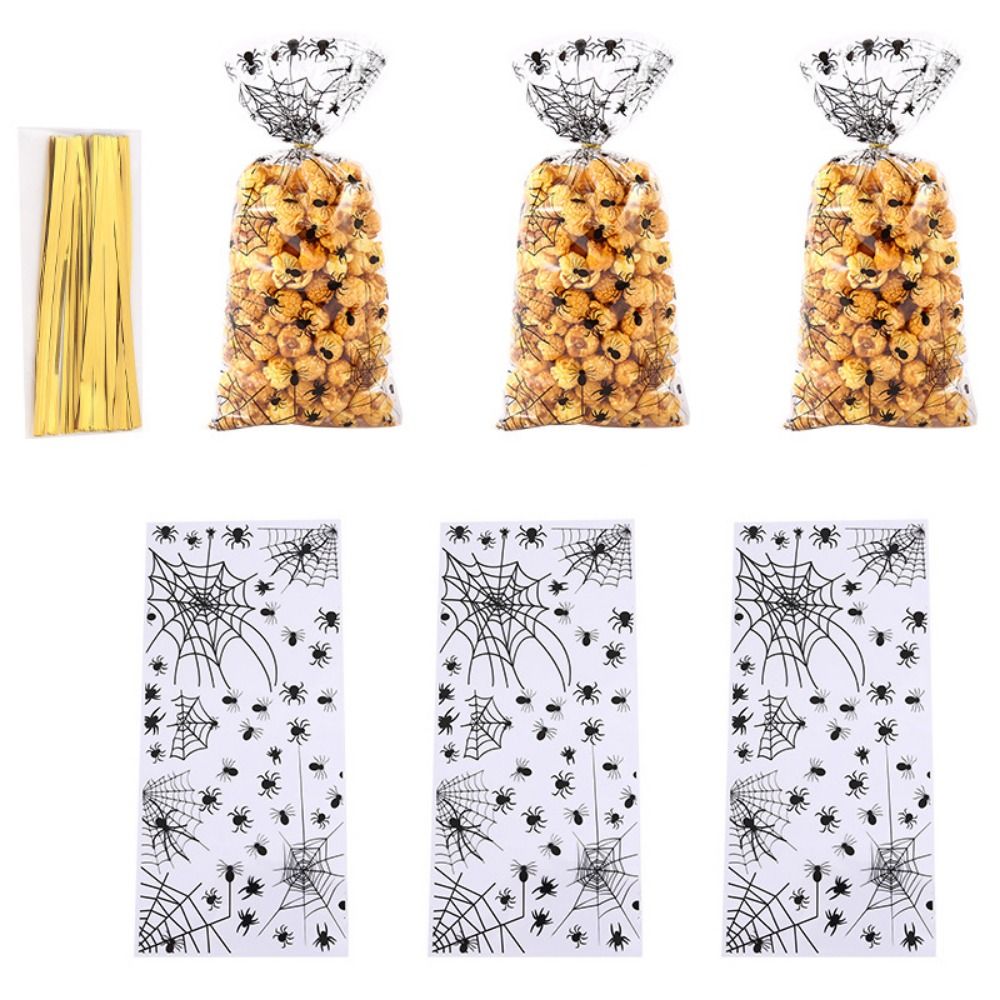 50pcs/pack Lightweight Trick or Treat Halloween Cellophane Treat Bag Clear DIY Cookie Bags Spider Printed Portable Halloween Candy Bags Party Favors