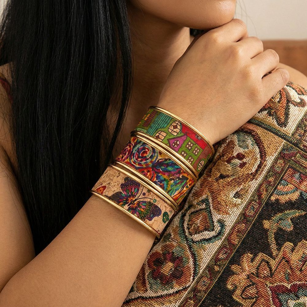 Vintage Geometric Multicolored Graffiti Bangles Retro Oil Painting Metal Cuff Butterfly Flower Openable Widened Bracelets Women
