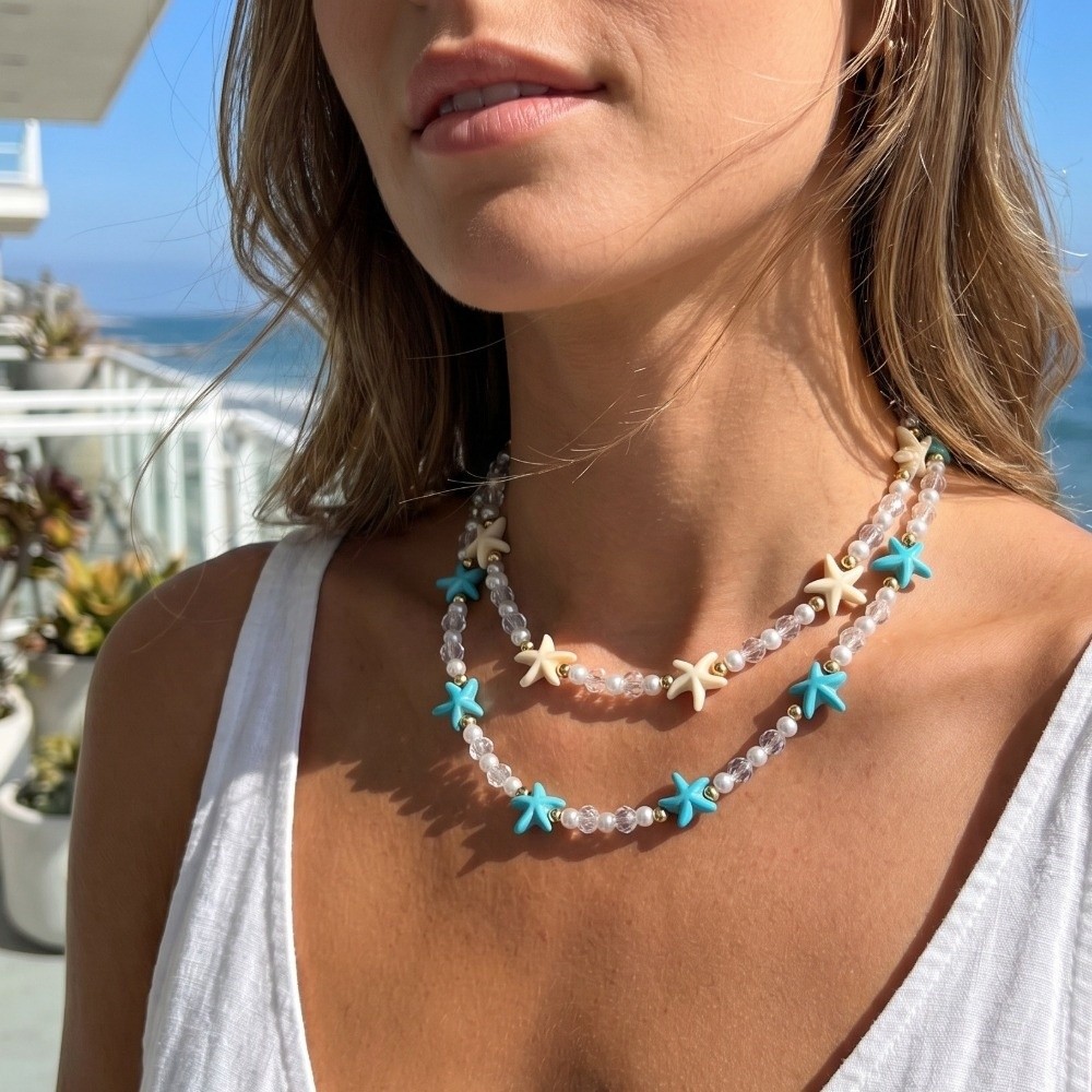 Vintage Sea Series Starfish Necklace Ornaments Adjustable Bohemian Style Necklace Colorful Beach Beaded Necklace Women
