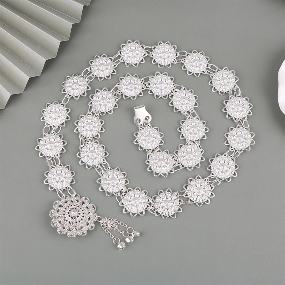 Classic Metal Ethnic Style Belt Bell Flower Metal Waist Chain Tassel Hollow Out Belt Women