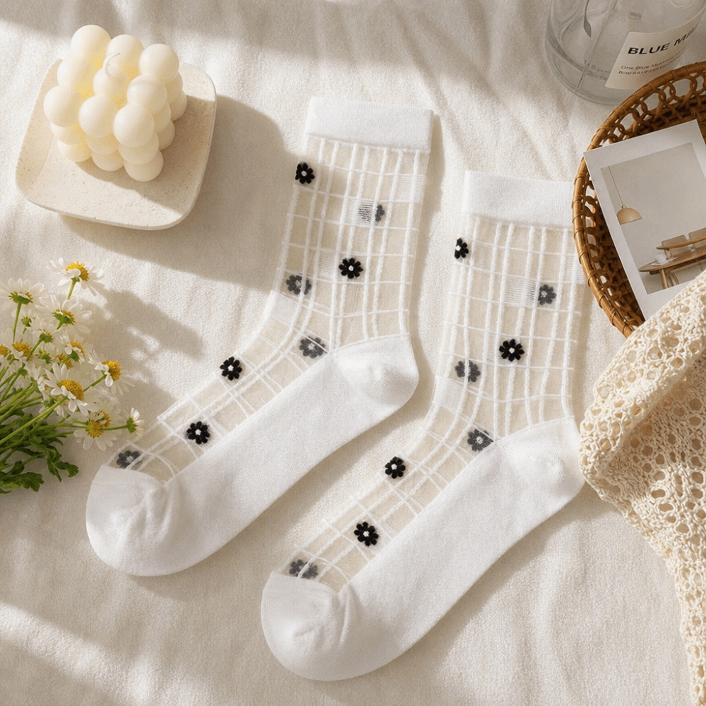 Cute Ultra-Thin Floral Embroidery Socks Silk Transparent Mesh Lace Socks Tulle Fabric Nylon Long Socks Daily Wear