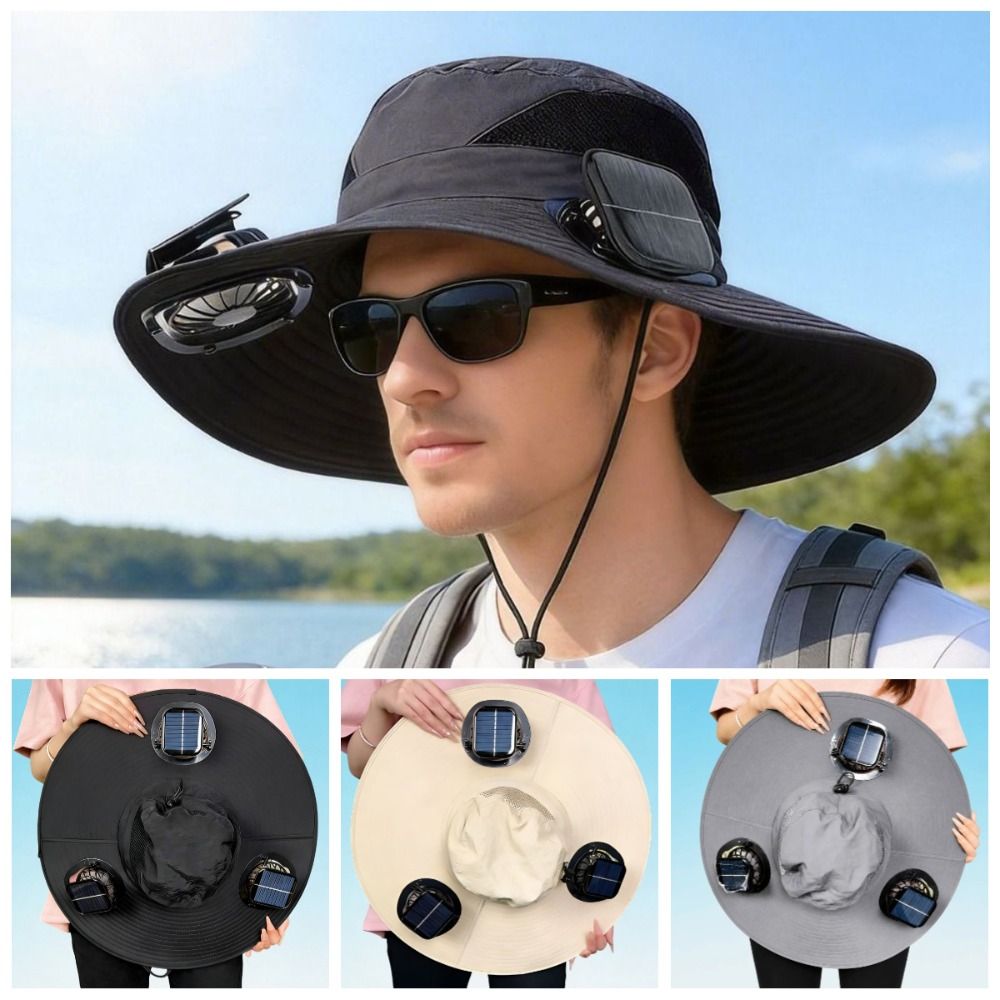 Convenient 3 Fans Solar Fan Hat Breathable Strong Wind Wide Brim Sun Cap Portable Lightweight Cooling Fisherman Hat Camping