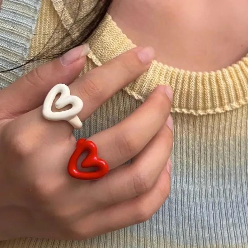 Yuanyan Y2K Colorful Enamel Heart Sweet Rings Trendy Geometric Dripping Oil for Women Girls Funny Y2K Chunky Jewelry Summer NEW