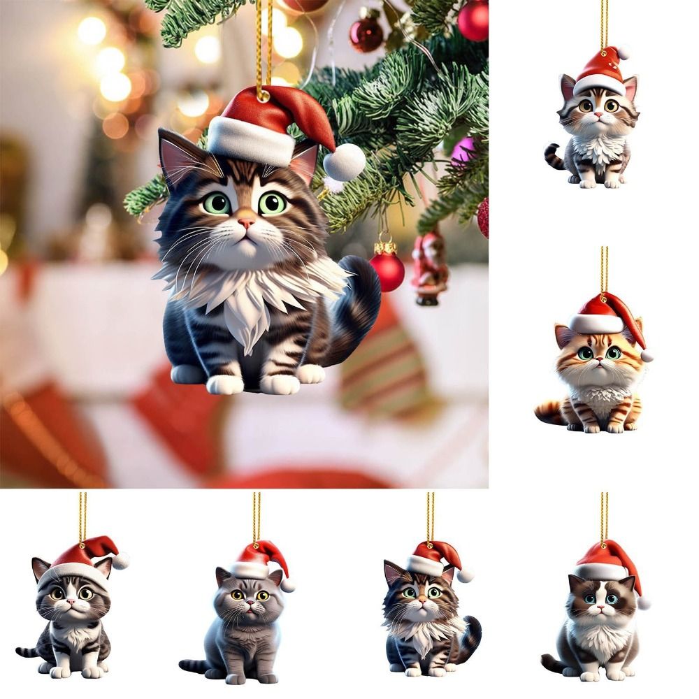 Party Accessories Acrylic Christmas Tree Pendant Hanging Animal Cartoon Cat Christmas Hanging Cute 2D Flat Xmas Tree Ornaments Home Decoration