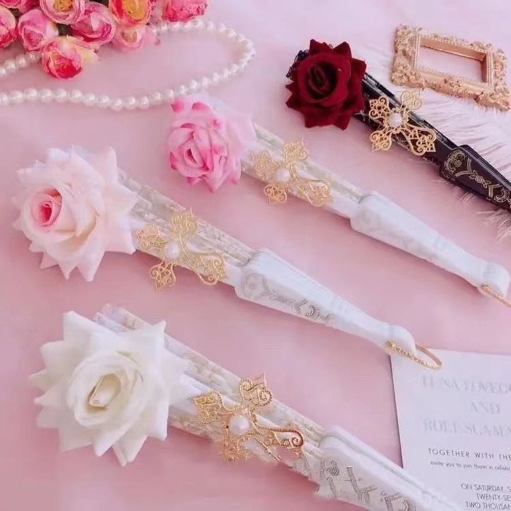 Portable Retro Rose Lace Folding Fan Handmade with Tassels Cosplay Hand Fans European Show Dance Fans Home Decoration