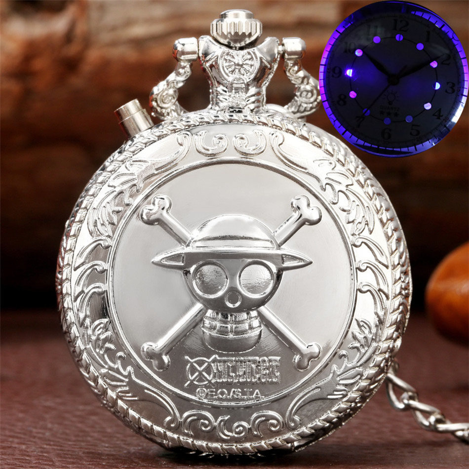 【New design】Creative LED Display Retro One Piece Skull Theme Pocket Watches Bronze/Silver/Gold Pocket Chain Pendant Clock Gifts