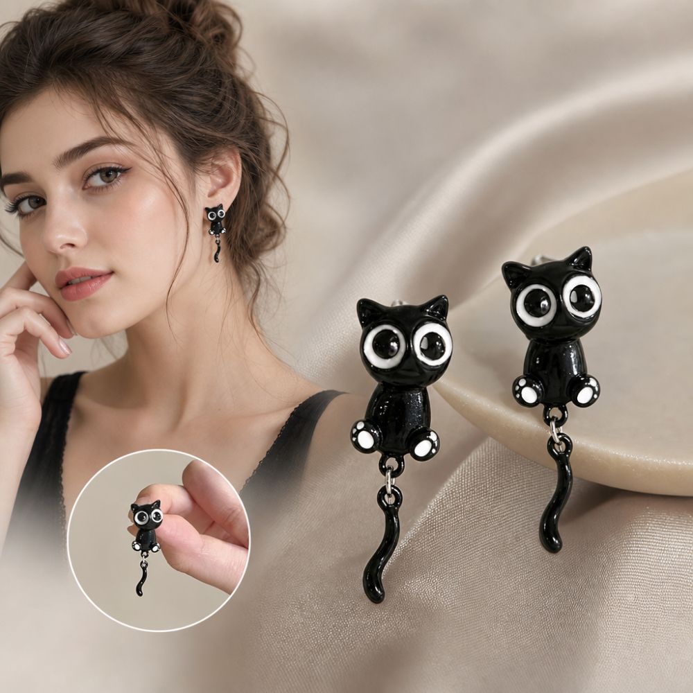 Creativity Cute Cartoon Style Black Kitten Earrings Sweet Alloy Black Cat Drop Earrings Fashion Jewelry Elegant Light Luxury Earrings For Girl Women