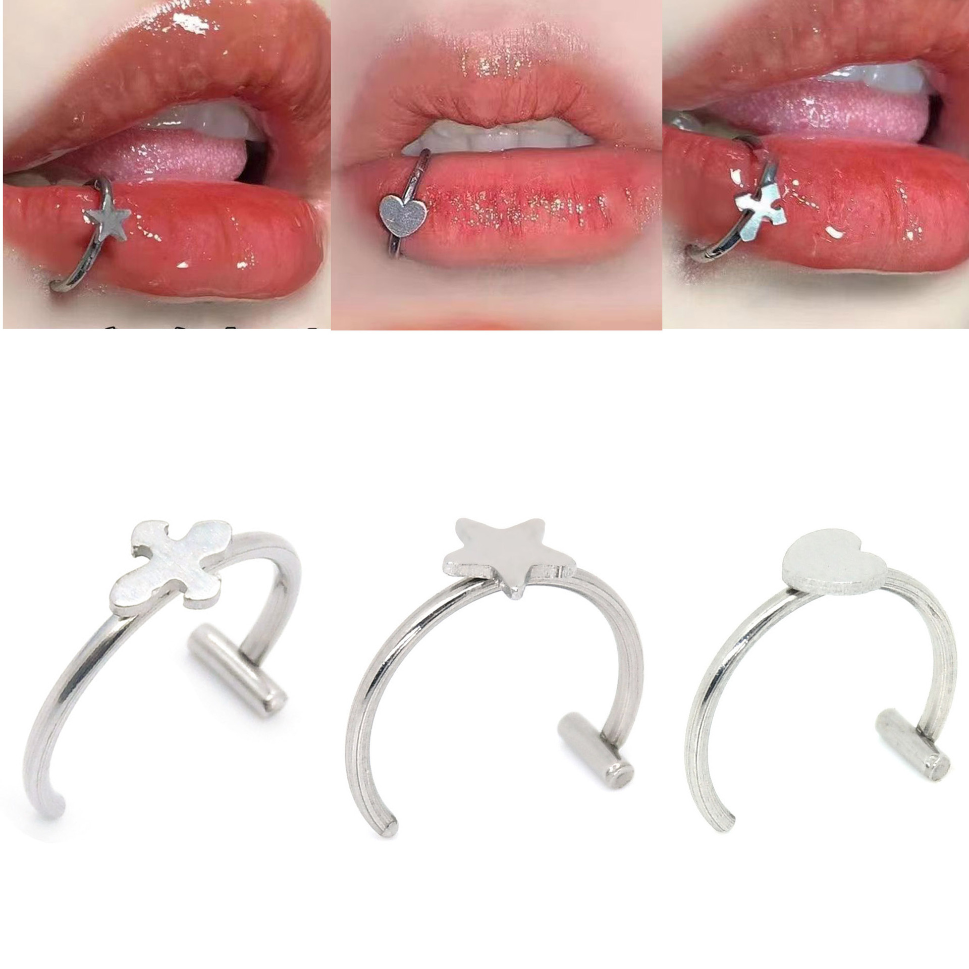 【Whoever uses it, who it】Wind Stainless Steel Crossbar Love Cross Lip No Perforation Hole-free Lip Nail Spice Girl Niche Lip Decoration