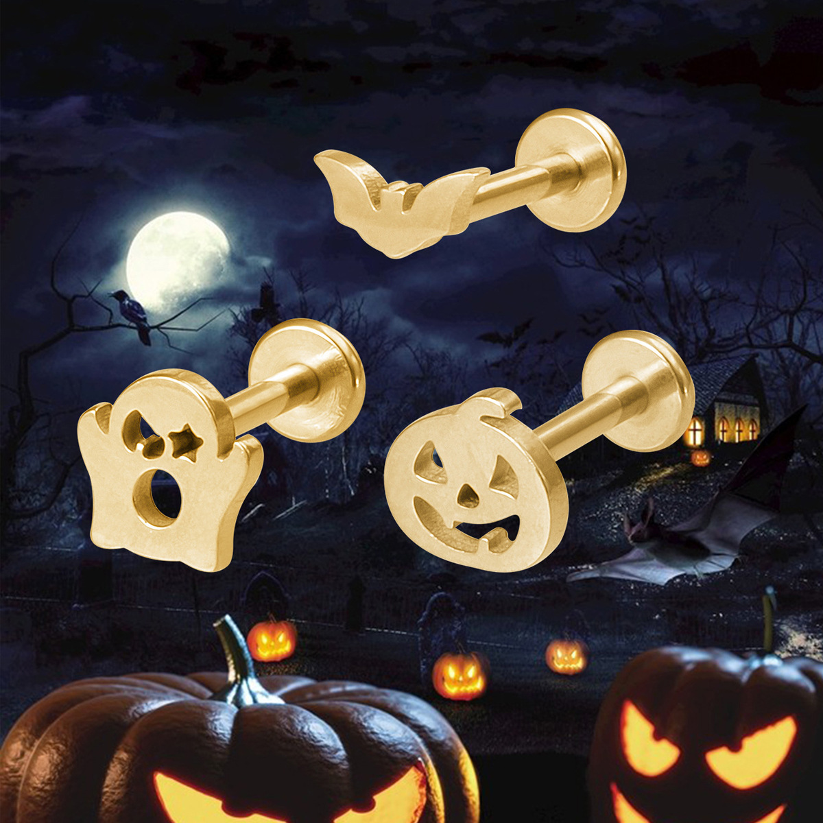 【Top Picks】Halloween Funny Lip Stud New Stainless Steel Earrings Pumpkin Bat Ghost Earrings Human Pierced Lip Stud