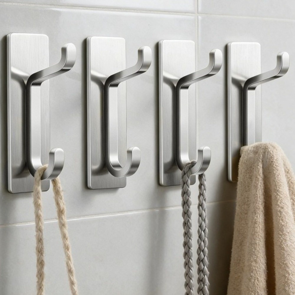 4PCS Space Saving Non-Marking Wall-Mounted Hooks Waterproof Removable Metal Hangers Moisture-proof Stainless Steel Closet Hooks Dorm Closet