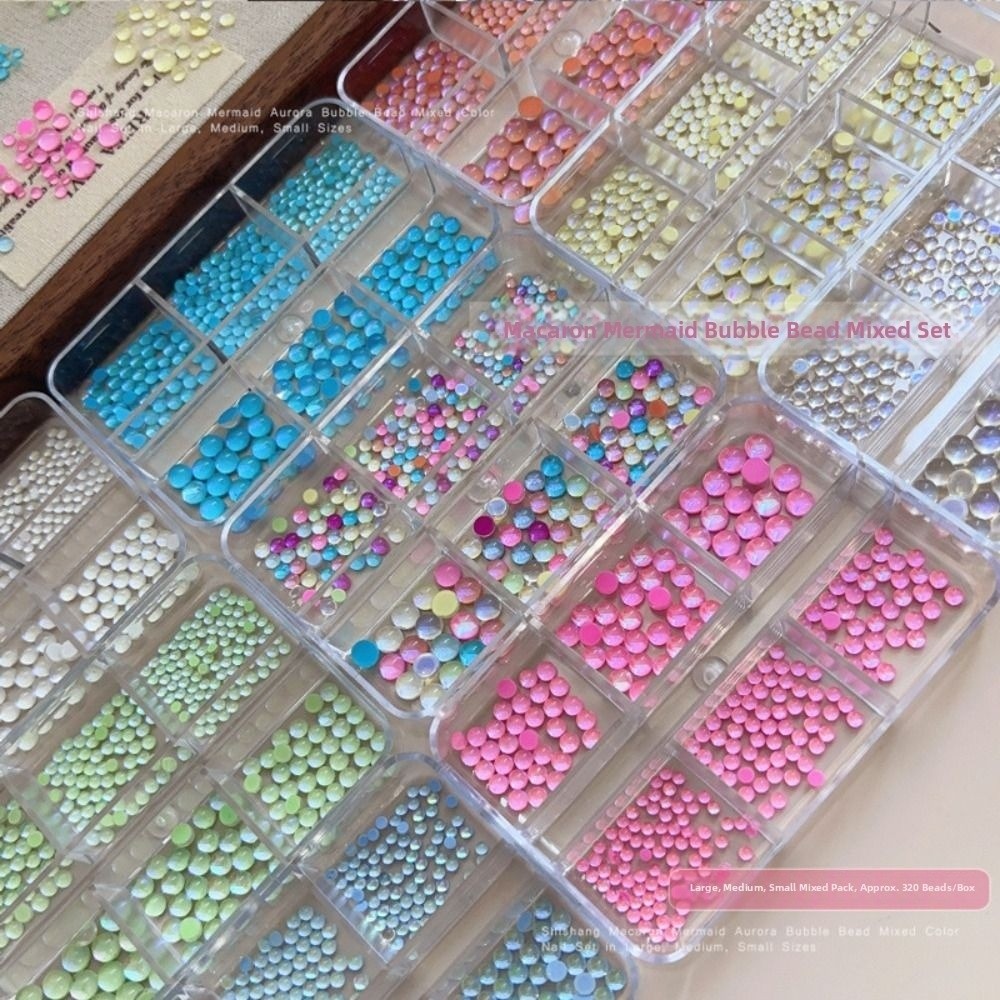 New Mermaid Bubble Beads Bubble Beads Nail Charms Aurora Half Round Flat Bottom Nail Art Decorations Rainbow Candy Color Glowing Nails Crystal DIY