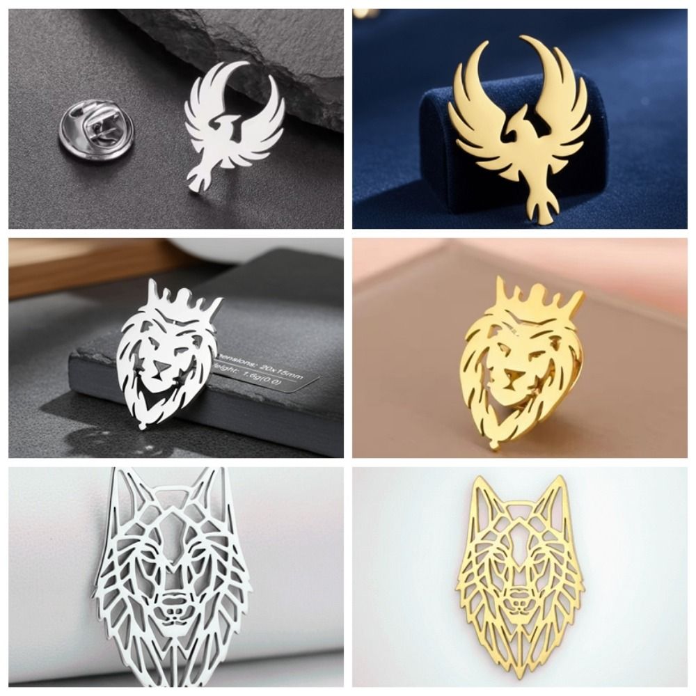 Totem Jewelry Stainless Steel Animal Brooch Lion Wolf Suit Collar Badges Punk Style Hollow Vintage Lapel Pins Trendy Gift