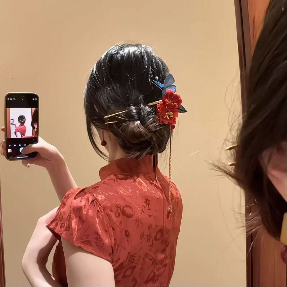 Elegant Tassel Red Flower Hair Clip Retro Wooden Hair Stick New Chinese Style Antique Bridal Hair Accessories Hair Sticks for Buns