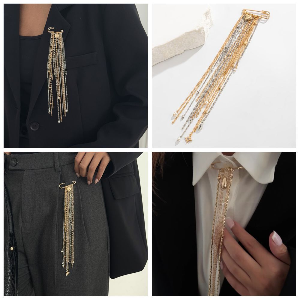 High Quality Alloy Tassel Chain Brooch Exaggerated Water Droplet Fringe Clothing Tie Pin Gold Color Jewelry Accessories Bead Fixed Ornament Men
