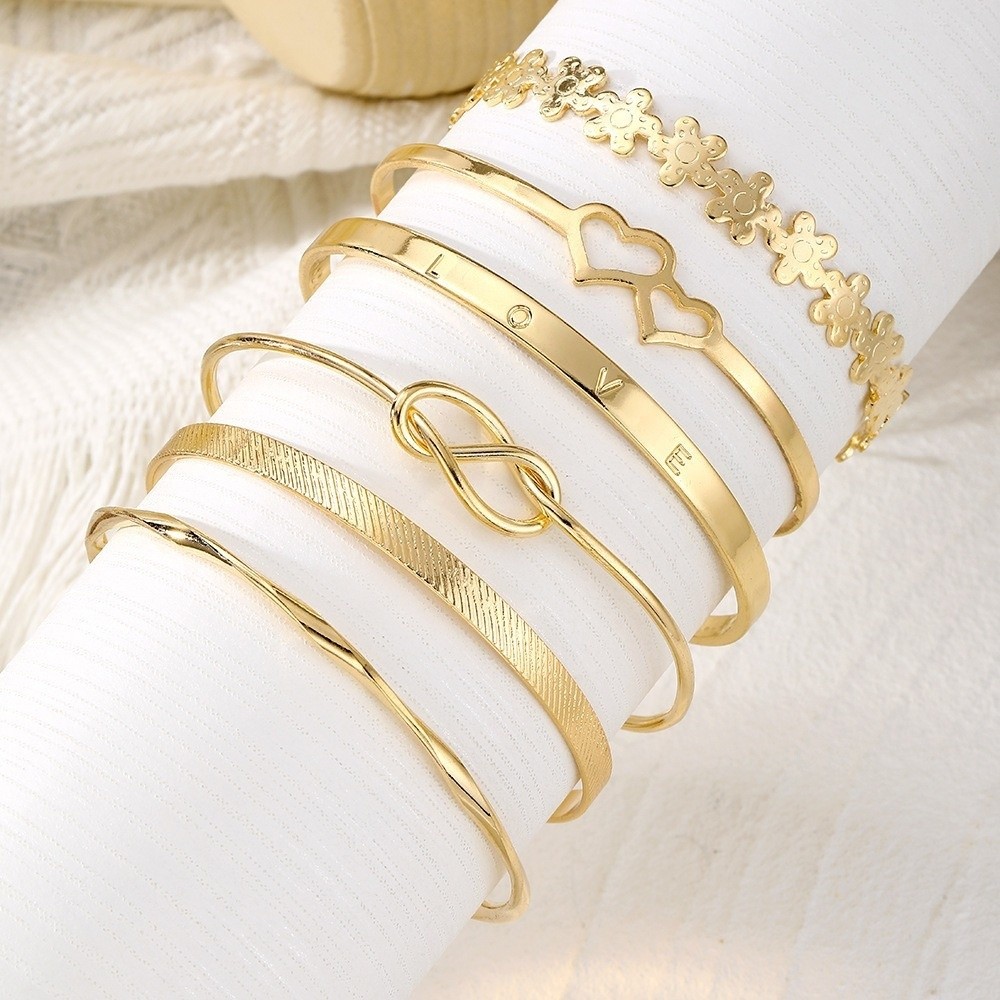 6pcs/set New Geometric Metal Bangle Set Flower Knot Bohemian Retro Heart Shape Bracelet Open Design Punk Style Bracelet Women Jewelry