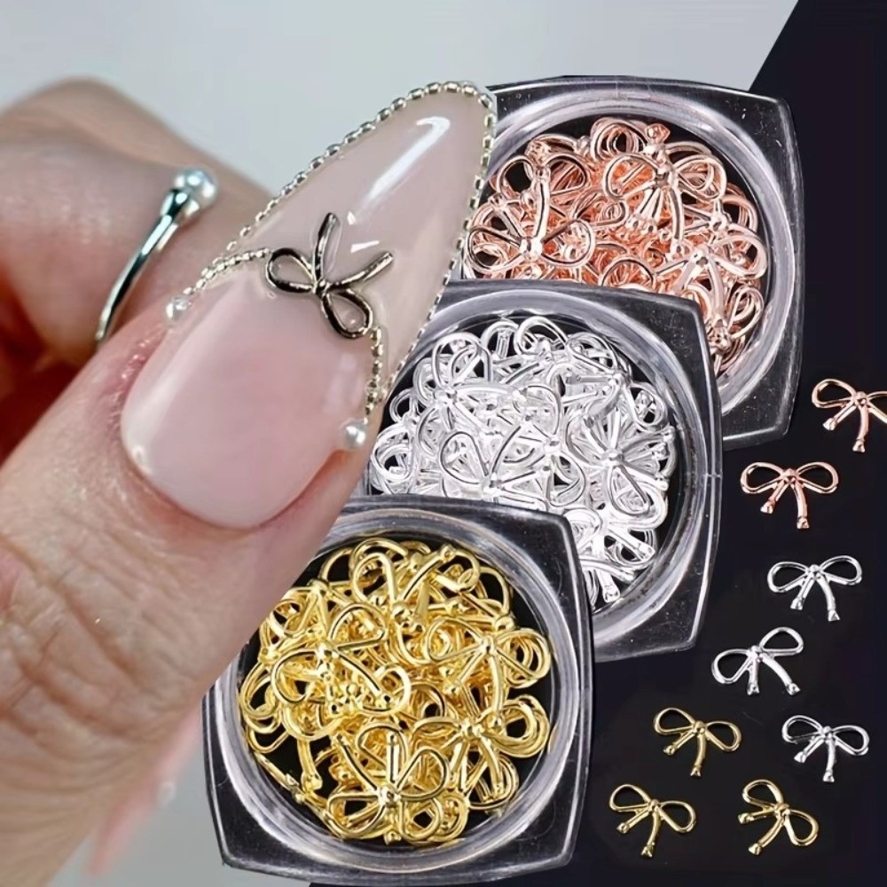 New Gold Silver Metal Willow Bows Nail Decoration Hollow Bowknot Alloy Material Nail Glitter 3D Design 3D Nail Art Rhinestones DIY Manicure