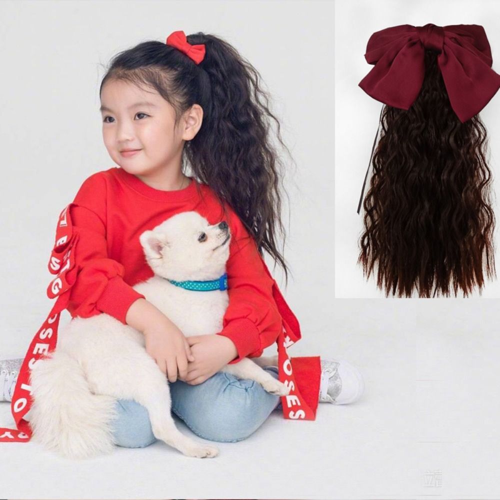 High quality Long Daily Girls Sweet Fluffy Birthday Gifts Princess Hair Children Curly Ponytail Wig Red Bows Knot Ponytail Heat Resistant