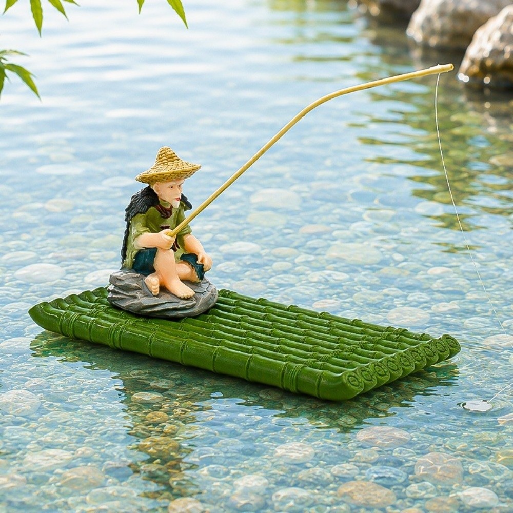 Waterproof Chinese Zen Style Floating Bamboo Raft Ornament Artificial Bamboo No Fading Aquarium Bamboo Mat Smooth Realistic Fisherman Fishing Bamboo Raft Water Feature Decor