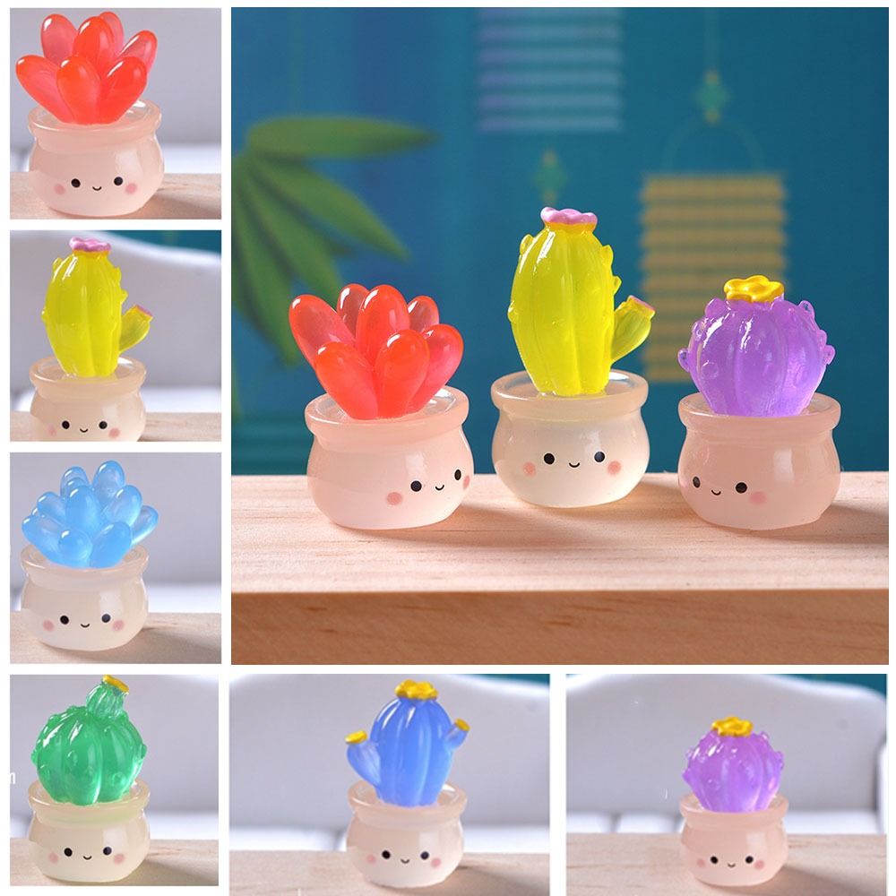 Creative Mini Luminous Succulent Cactus Miniatures Cute Realistic Night Glow Cactus Figurine Resin Crafts Cactus Potted Ornaments Desktop Ornament