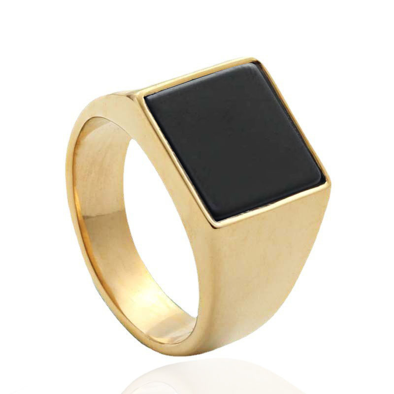 【Mega Sale】Jewelry titanium steel glass ring retro trendy men steel black gemstone square ring 280102