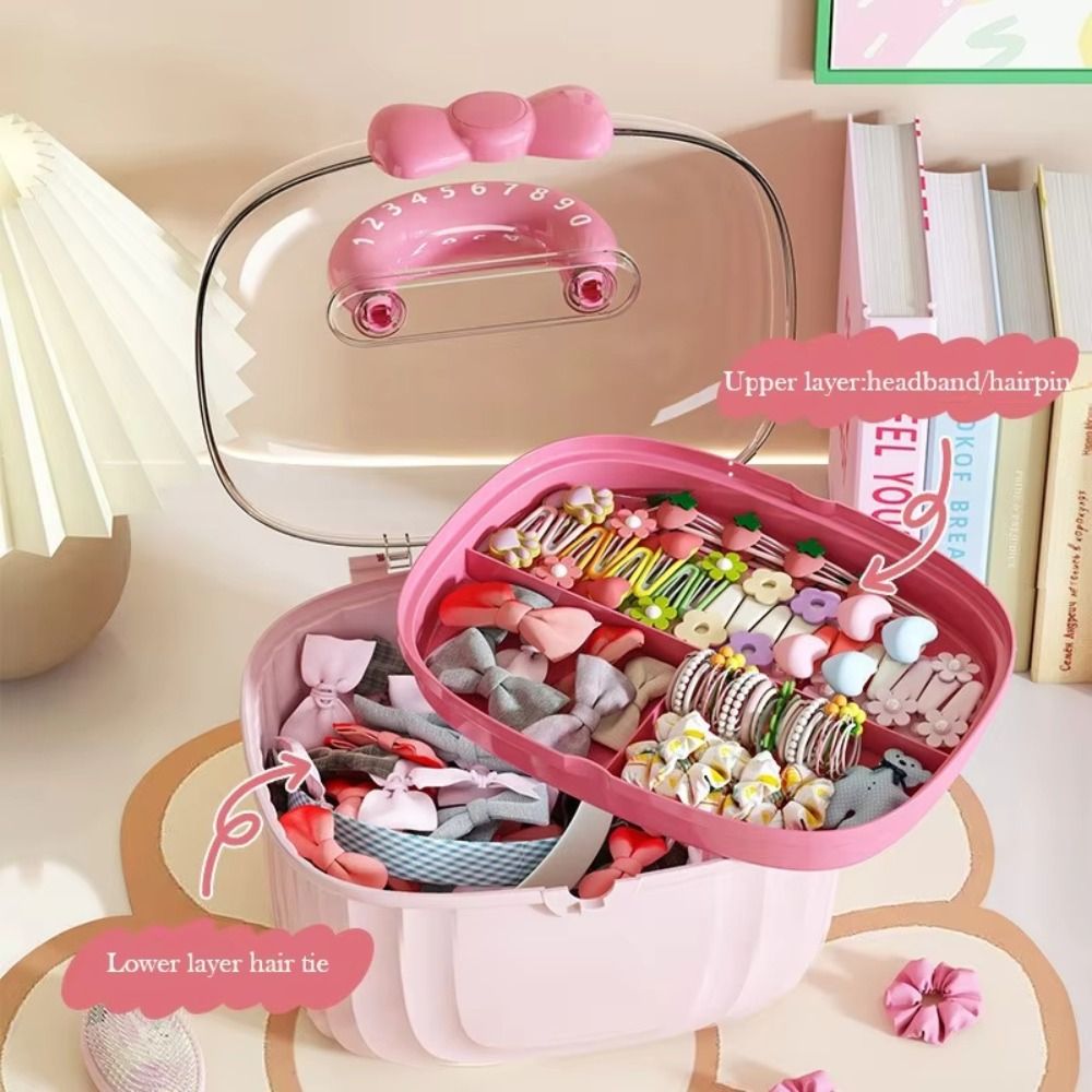 Kawaii Double-layer Desktop Storage Box Separated Cute Bowknot Girls Hairpin Jewelry Box Large-capacity Cartoon Toy Organizer Box Makeup Storage
