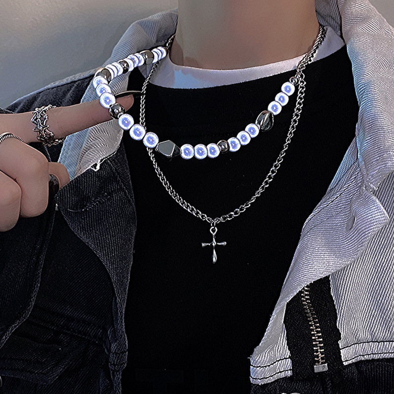 Cool Wind Pearl Cross Necklace Women's Ins Hip-Hop Men's Trendy Chain T Titanium Steel 2023 New Spring