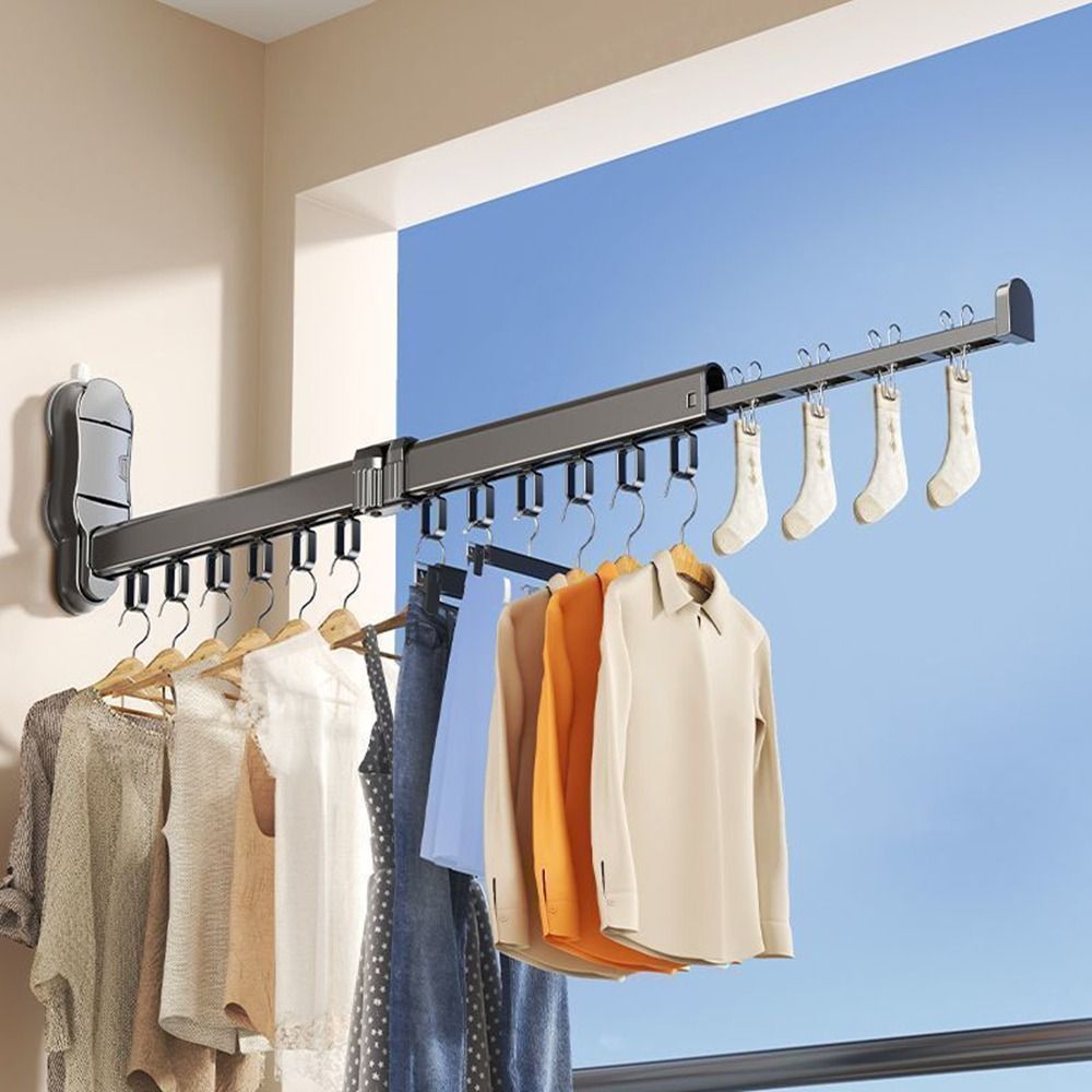 Practical Aluminum Alloy Folding Clothes Rack Wall Mounted Windproof Clothes Drying Rack with Suction Cup Space Saving Laundry Hanger Socks