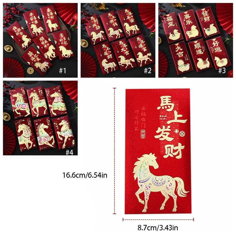 6pcs New Year Gifts Chinese Style Horse Year Red Envelopes Traditional Cartoon Money Pockets Best Wishes Cute Hongbao Festival Gifting