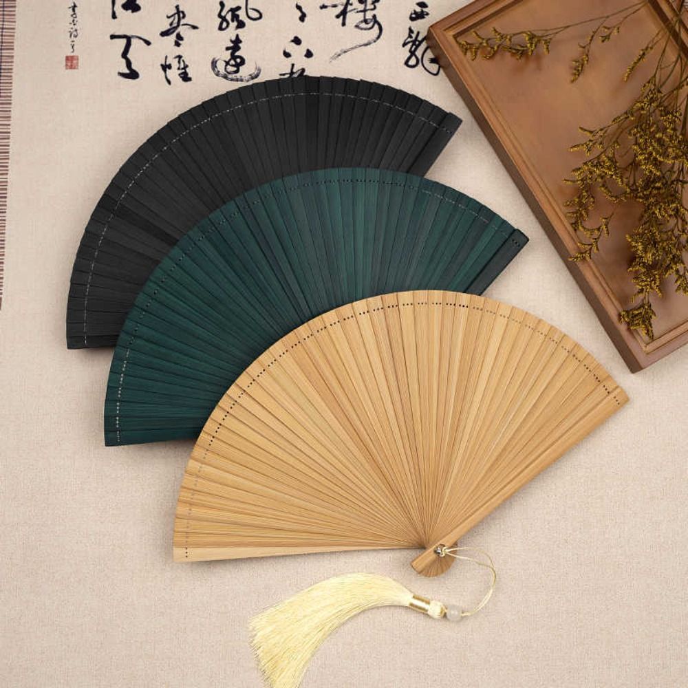 Fashion Chinese Style Solid Color Bamboo Fan Exquisite Retro Elegant Handheld Fans Classical Portable Tassel Folding Fan Lady Dance Props