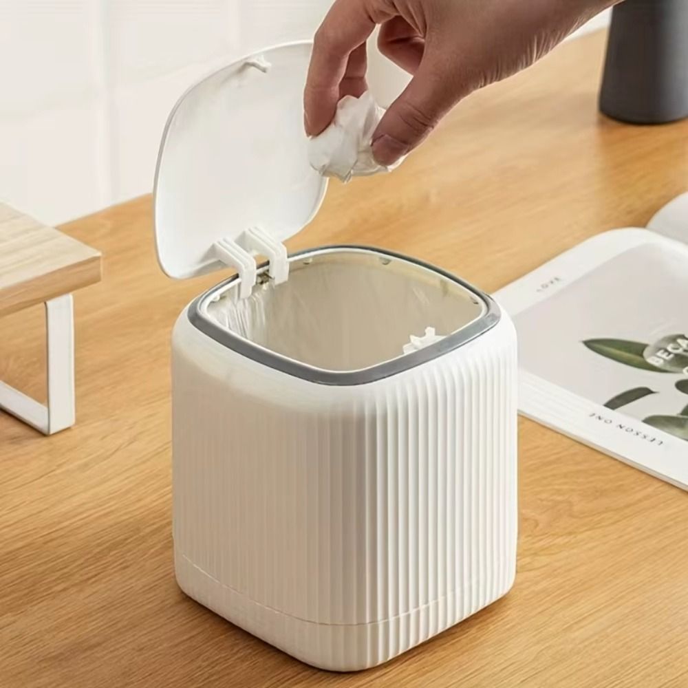 Creative Press Type Desktop Trash Can Pop-up Lid Waterproof Plastic Wastebasket Wide Mouth Non-slip Mini Rubbish Container Bedroom