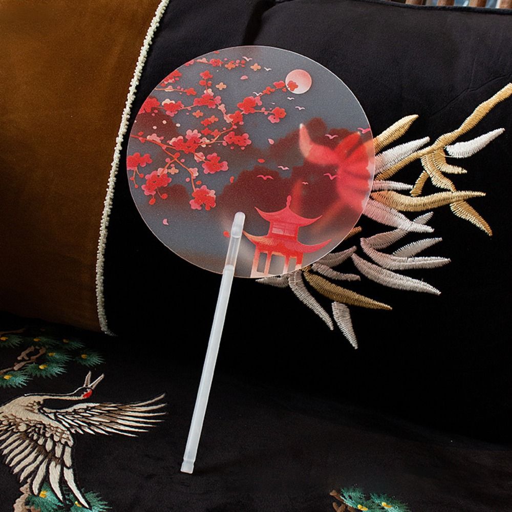 Chinese Style Frosted Fan Handle Ancient Long-handled Fan High-looking Anti-break Handheld Round Fan Color Printing Translucent Dance Group Fan Dance