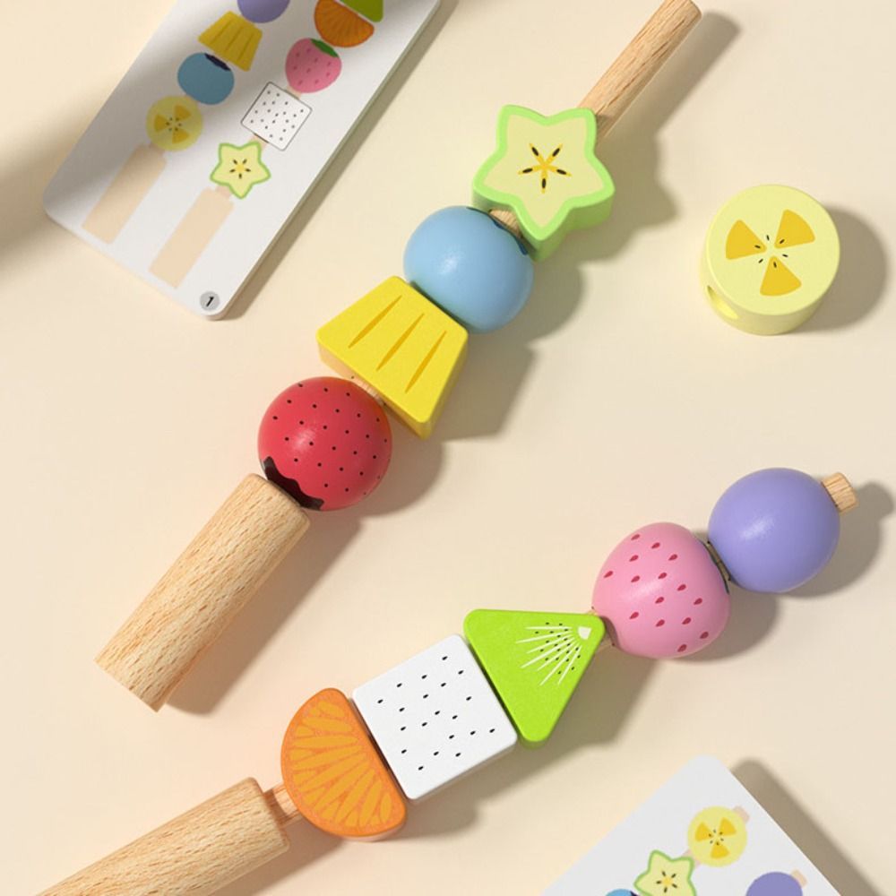 Early Learning Geometric Fruits Shape Matching Game Montessori Fruit Color Shape Educational Beaded Toys DIY Challenges Wooden Sorting Stacking Toys Boys Girls