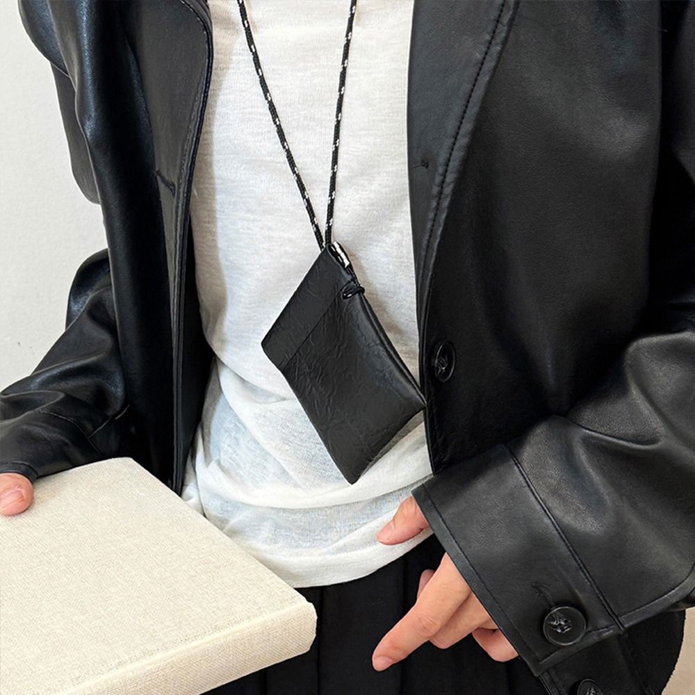 Vintage Pu Coin Purse Travel Lipstick Earphone Hanging Neck Coin Purse Keys Cards Solid Color Small Storage Bag Male/Female