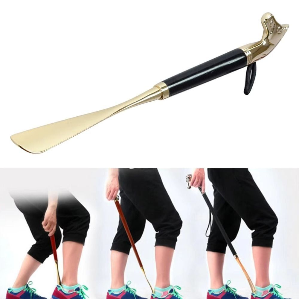 Shoe Puller 32cm Metal Shoe Horn Lion/Horse Head Long Wood Handle Shoehorn Handheld Shoes Wearing Tool Portable Shoe Lifter Reduce Bending