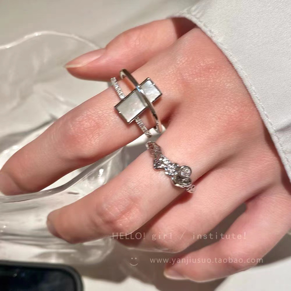 【New Arrivals】Geometric Square Zircon Pearl Opening Ring Women's Unique Design Ring Ins Cool Wind Adjustable Dieting Ring