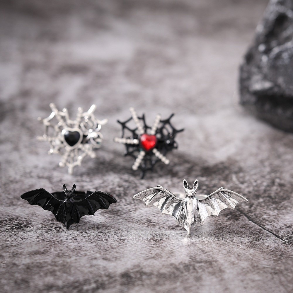 Trendy Alloy Gothic Bat Ring Shiny Dark Fashion Spider Web Heart Ring Adjustable Punk Halloween Opening Ring Gift