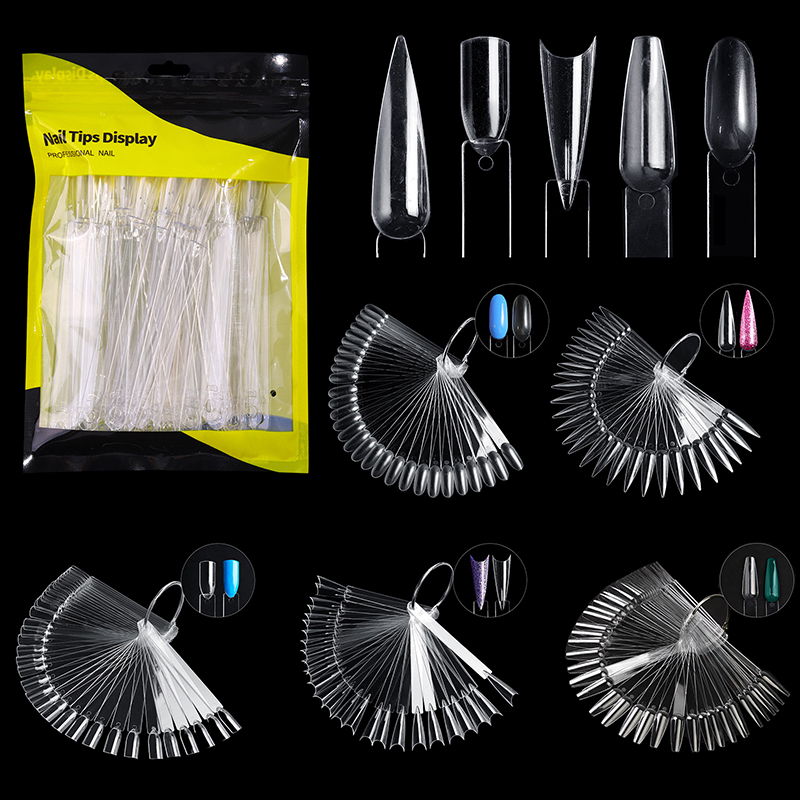50pcs Clear Fan Shape Nail Art Polish Display False Nail Sample Sticks Nail Practice Color Display Board CF8