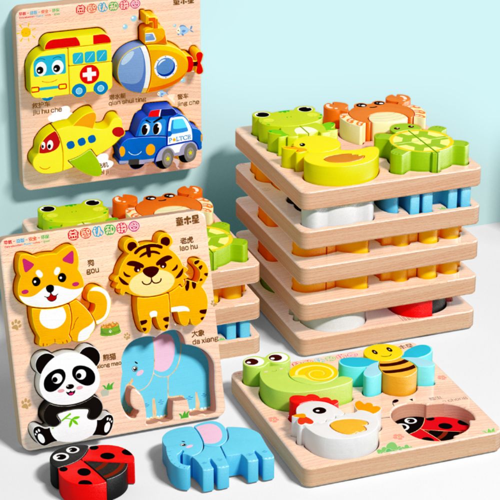 Game 4 in 3D Wooden Puzzles Educational Cartoon Wooden Rainbow Blocks Puzzle High Quality Animal Wooden Puzzle Toy Children