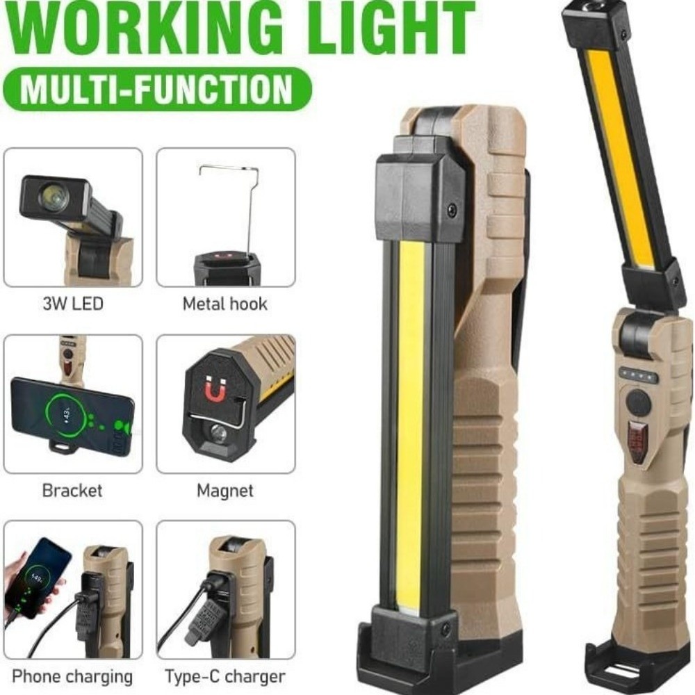 Working Torch Multi-functional Foldable COB Flashlight Magnetic Base Rechargeable Folding Work Light Metal Hook 7 Light Modes Emergency Car Lamp Car Inspection